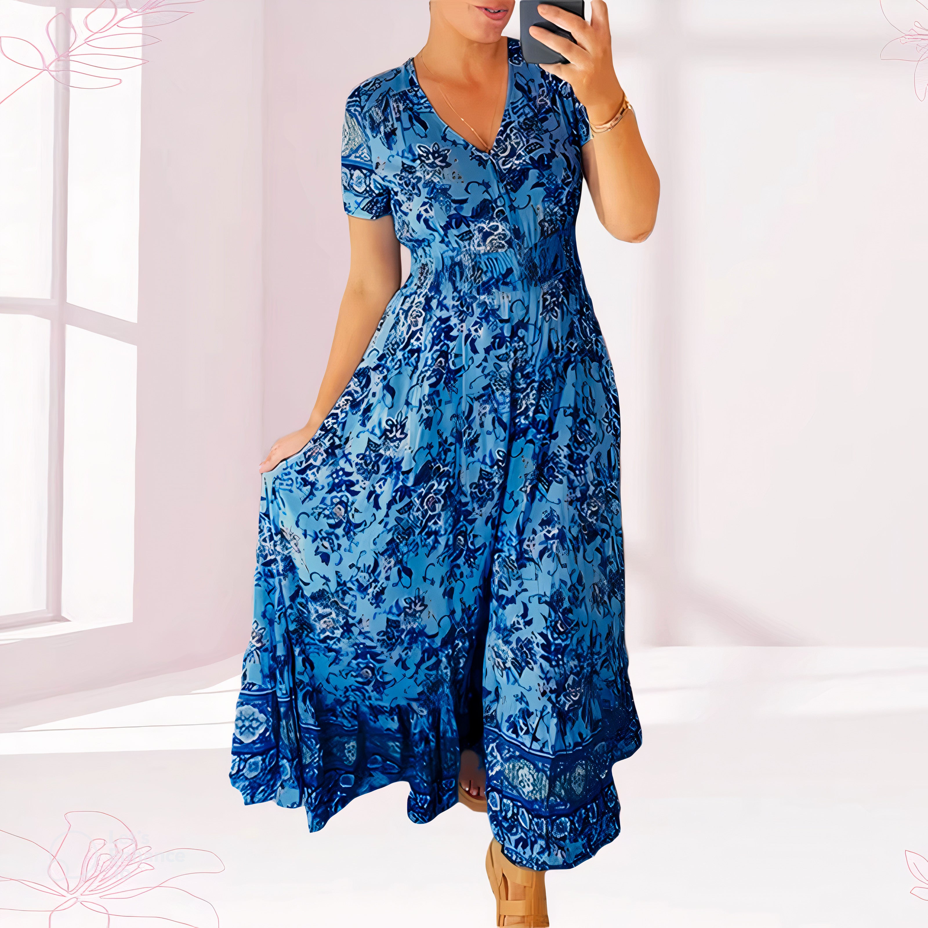 "Dalia" - Langes Damen Blumenkleid mit V-Ausschnitt