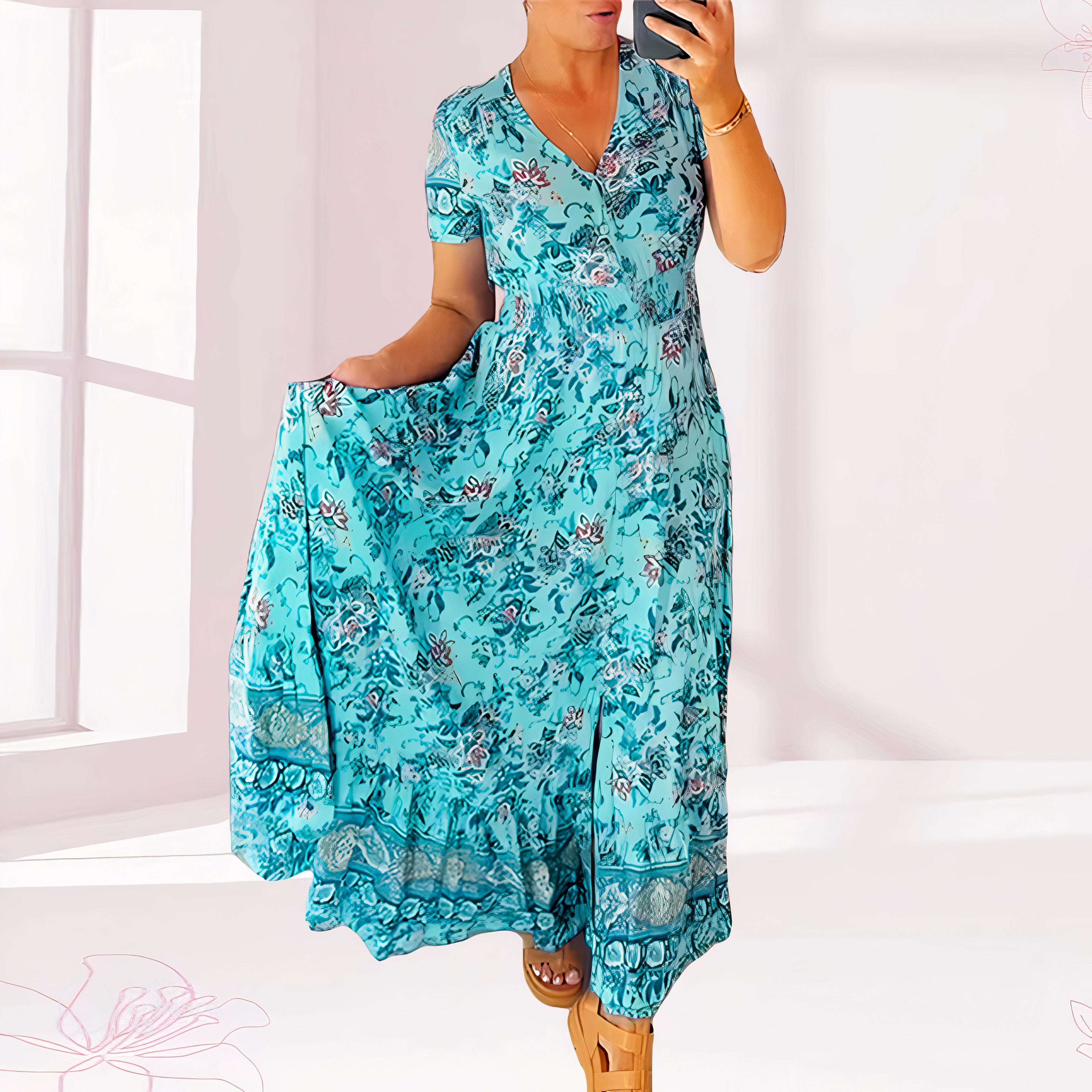 "Dalia" - Langes Damen Blumenkleid mit V-Ausschnitt