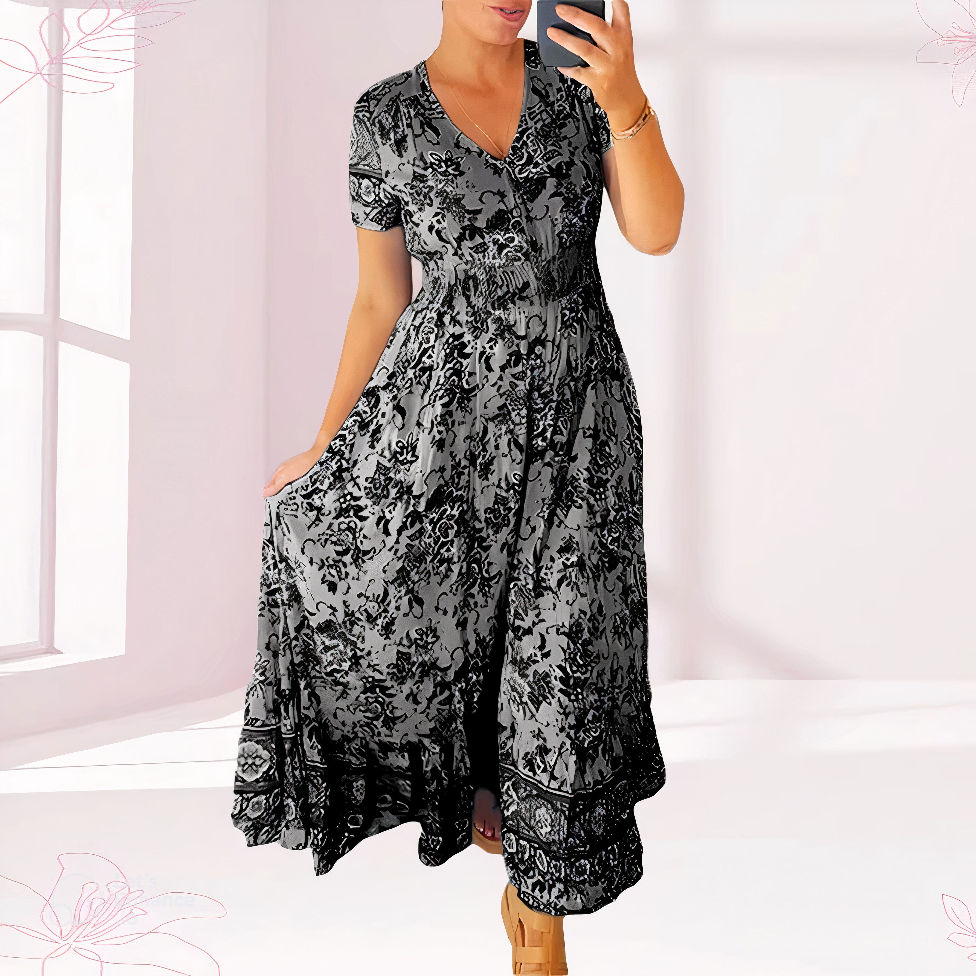 "Dalia" - Langes Damen Blumenkleid mit V-Ausschnitt