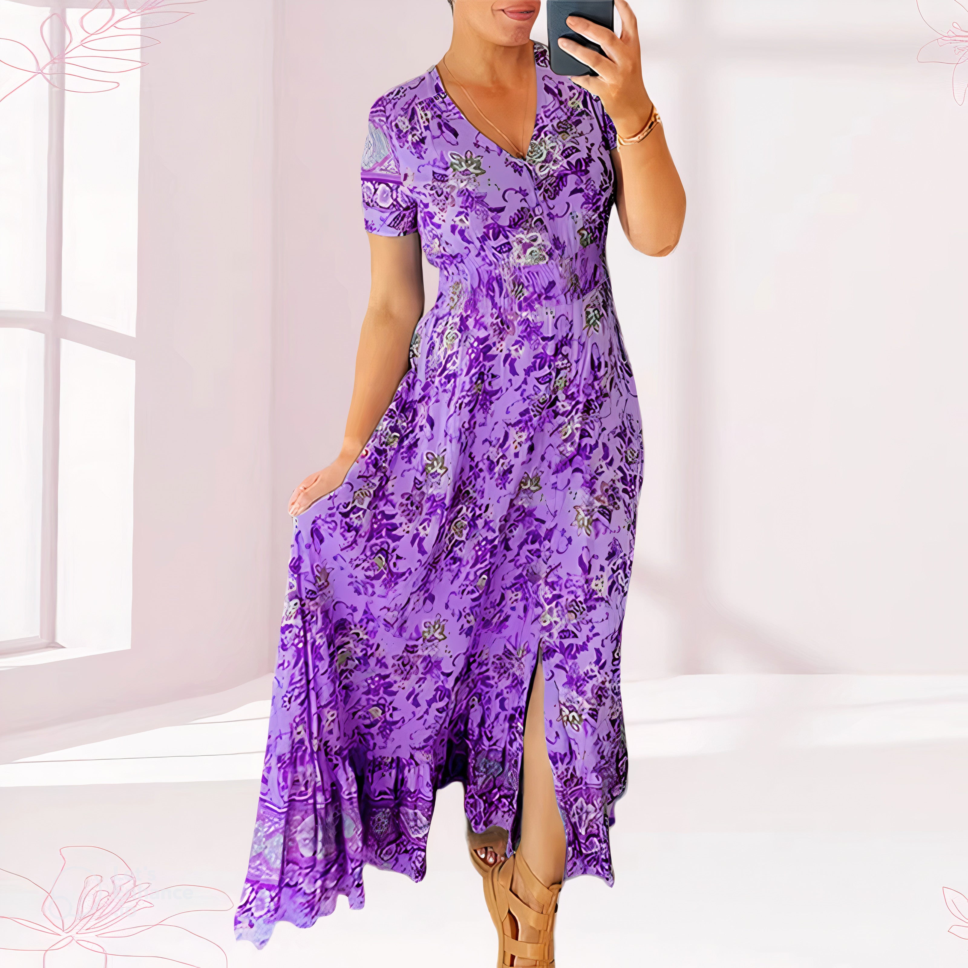 "Dalia" - Langes Damen Blumenkleid mit V-Ausschnitt