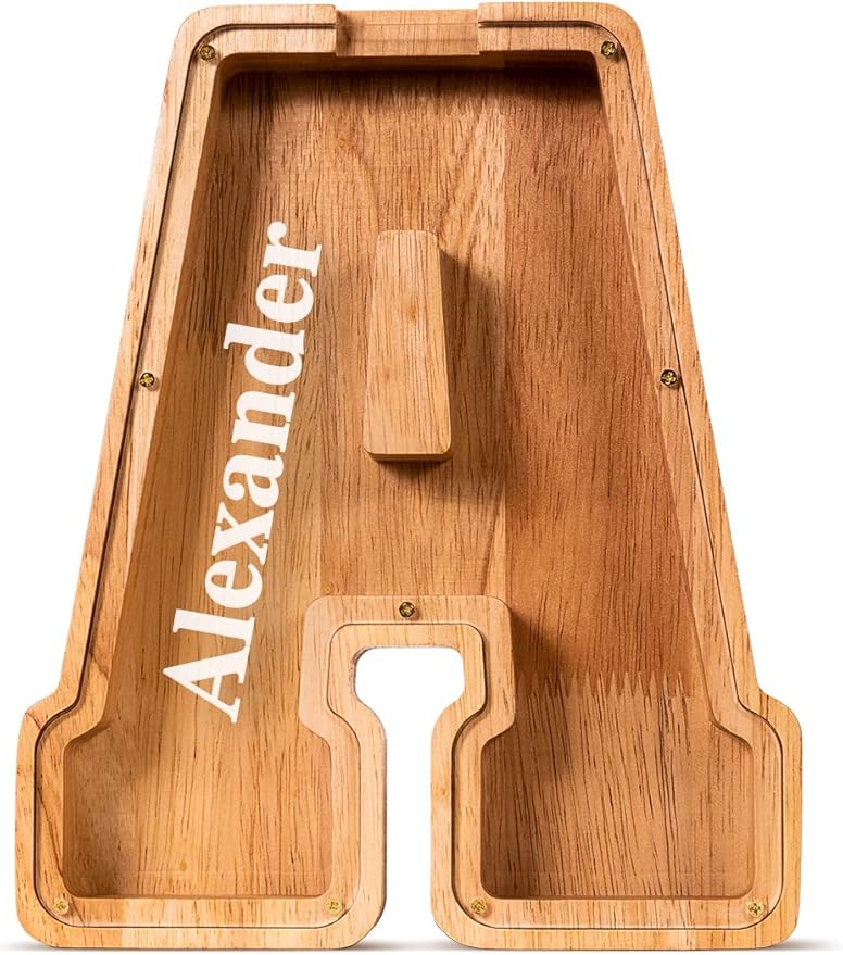 Handgefertigte Holz-Spardose in Buchstabenform