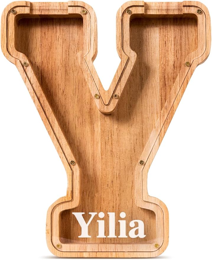 Handgefertigte Holz-Spardose in Buchstabenform