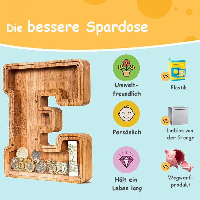 Handgefertigte Holz-Spardose in Buchstabenform
