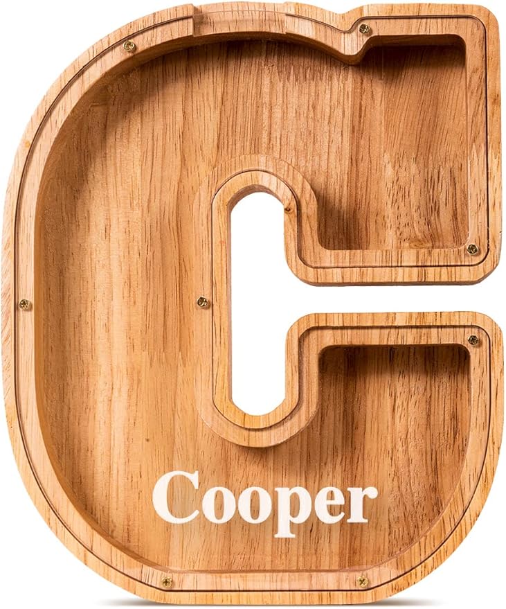 Handgefertigte Holz-Spardose in Buchstabenform