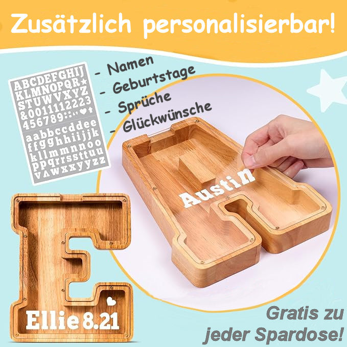 Handgefertigte Holz-Spardose in Buchstabenform