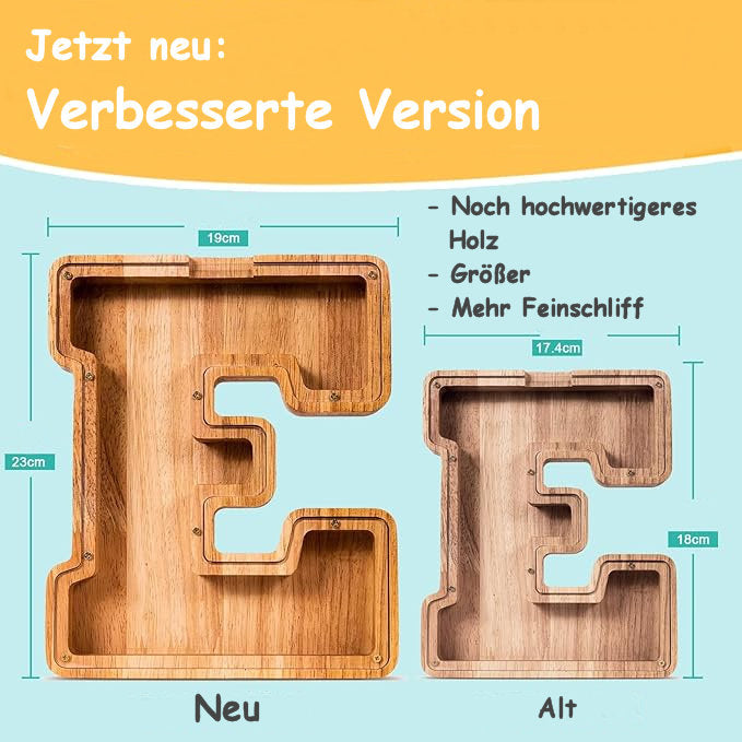 Handgefertigte Holz-Spardose in Buchstabenform