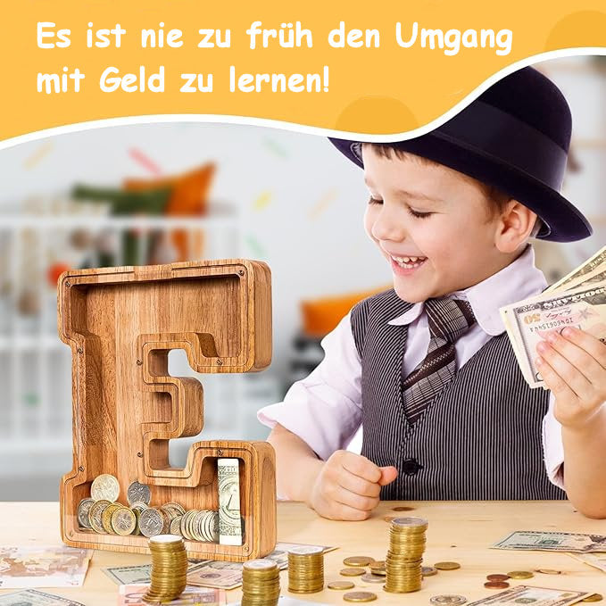 Handgefertigte Holz-Spardose in Buchstabenform